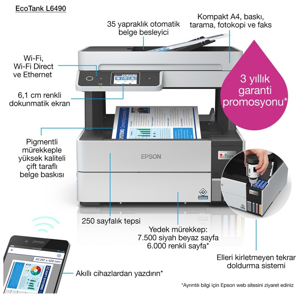 Epson Ecotank L6490 Yazıcı Tarayıcı Fotokopi Fax