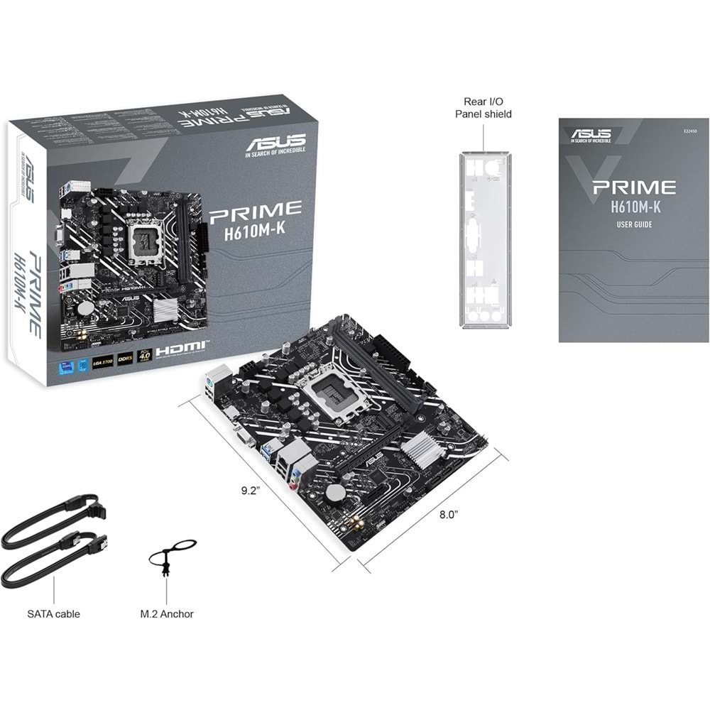 Asus Prime H610M-K DDR5 5600Mhz 1XVGA 1XHDMI 1XM.2 USB 3.2 Matx 1700P (13. VE 12.Nesil İşlemci Uyumlu)