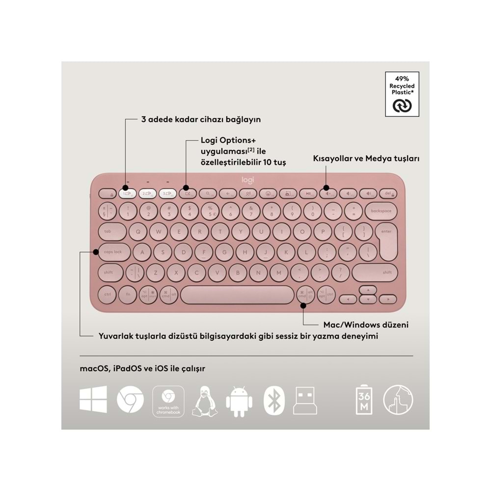Logitech K380s Pebble Keys 2 BT Klavye Pembe