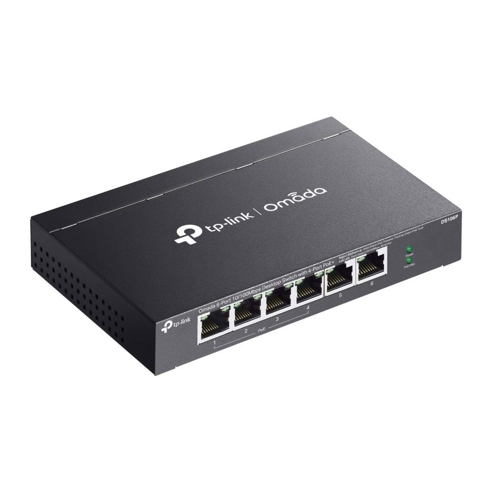 Omada DS106P 4 Port 10/100 + 2 Port 10/100 Uplink 67W 250 Metre PoE Mesafe Metal Kasa Switch