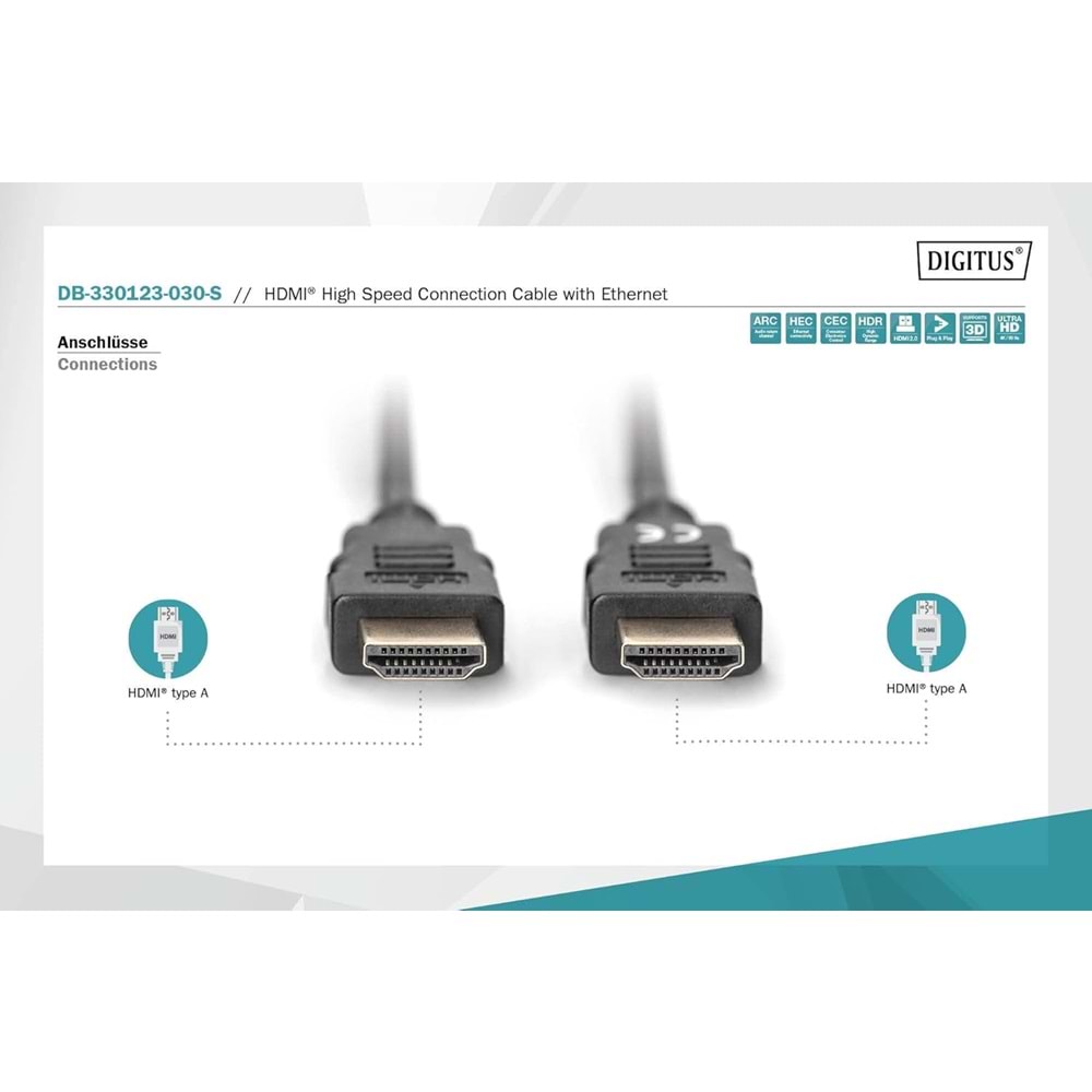 Digitus HDMI Kablo Altın Uçlu Siyah (30m)