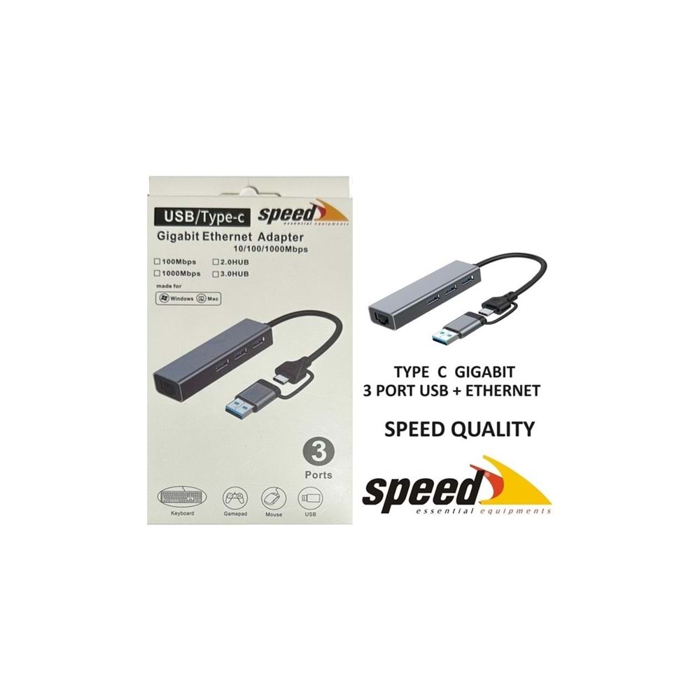 SPEED SP UET01 10/100/1000MBPS USB / TYPE-C 3 Port USB 3.0 ÇOKLAYICI Gigabit Ethernet Dönüştürücü