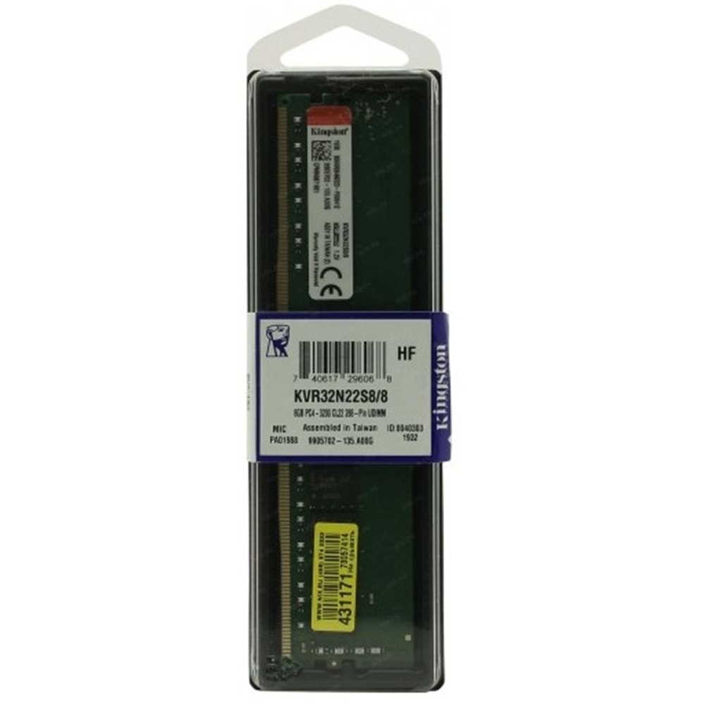 Kingston 8GB 3200MHz DDR4 CL22 Ram (KVR32N22S8/8WP)