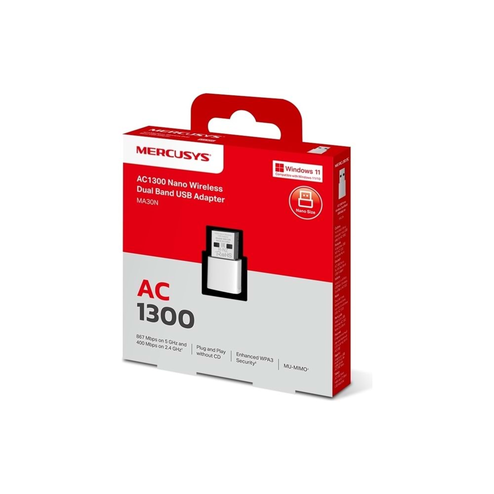 Tp-Link Mercusys MA30N AC1300 Nano Dual Band Wi-Fi USB Adaptör