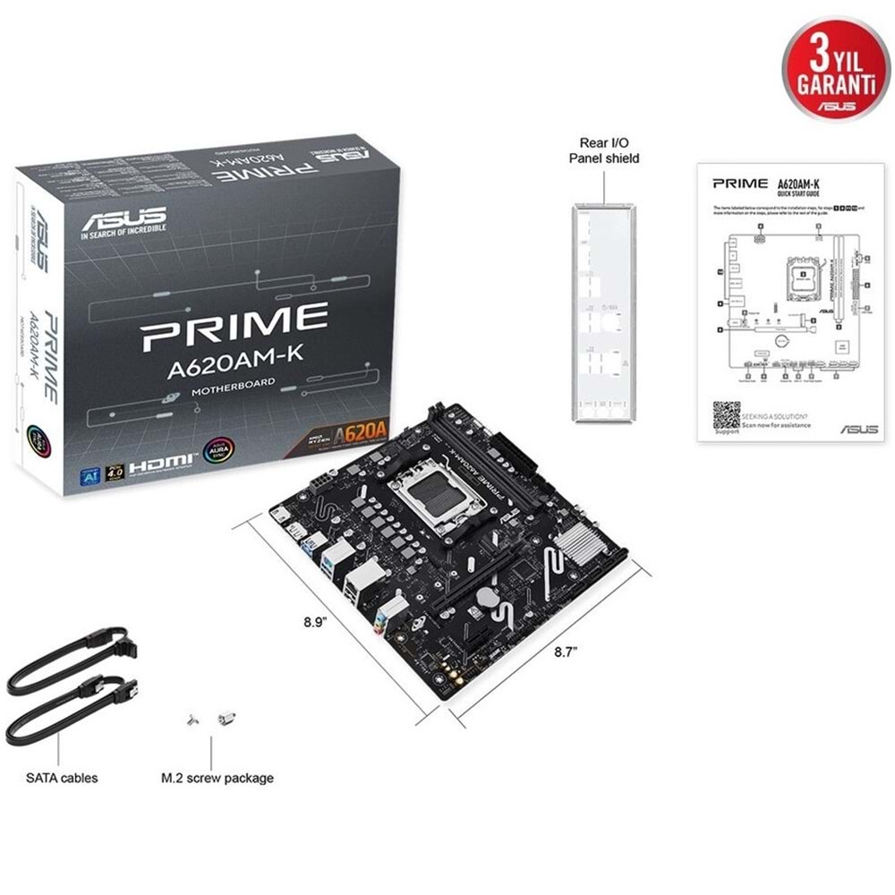 Asus PRIME A620AM-K 2xDDR5 1x M.2 DP HDMI AM5 Soket Anakart