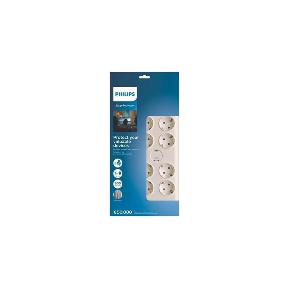Philips SPN7080WA/62 8 Soket Akım Korumalı Priz 900 Joules 2Mt Örgülü Kablo (Beyaz)