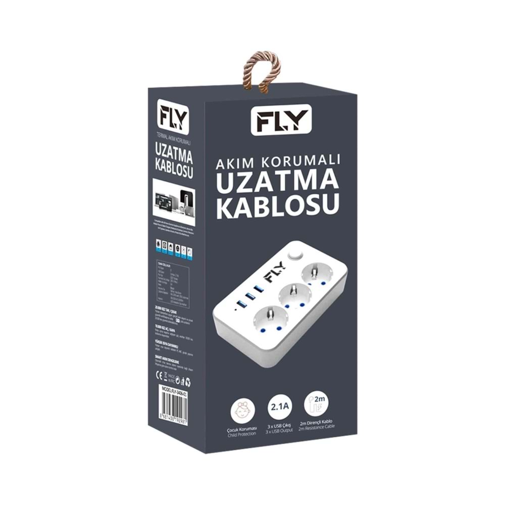 FLY 3406-01 3 Soket 3 USB Akım Korumalı Priz 2.1A Anahtarlı 2Mt Kablo (Beyaz)