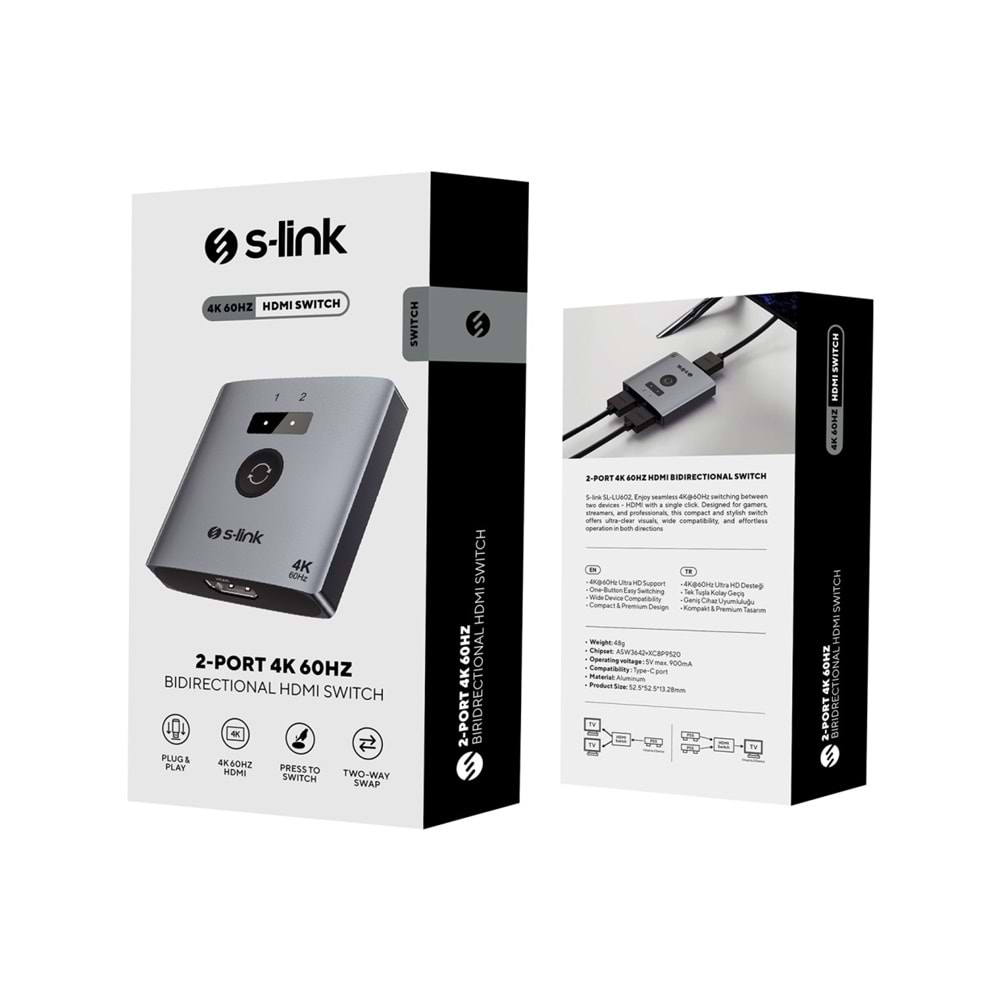 S-Link SL-LU602 2xHDMI 4K 60Hz Monitör Çoklayıcı (1PC-2Monitör veya 2PC- 1Monitör) Çift Yönlü Switch