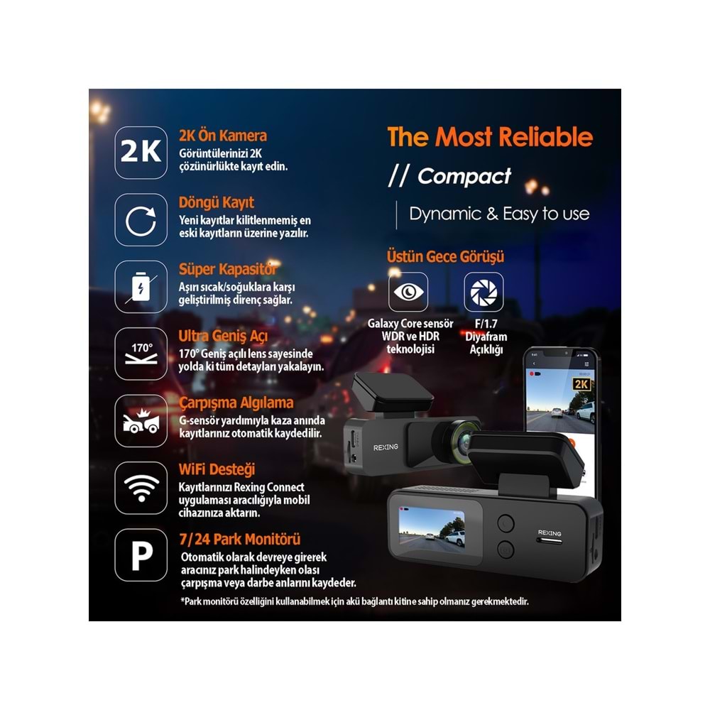 REXING V1 LITE 2K WIFI ARAC KameraSI + 32GB SD KAR