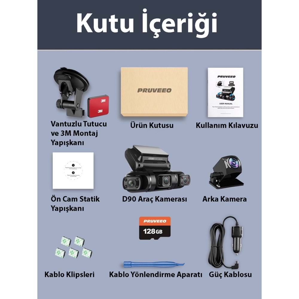 PRUVEEO D90-4CH FHD WI-FI GPS + 128GB SD Kart Kame