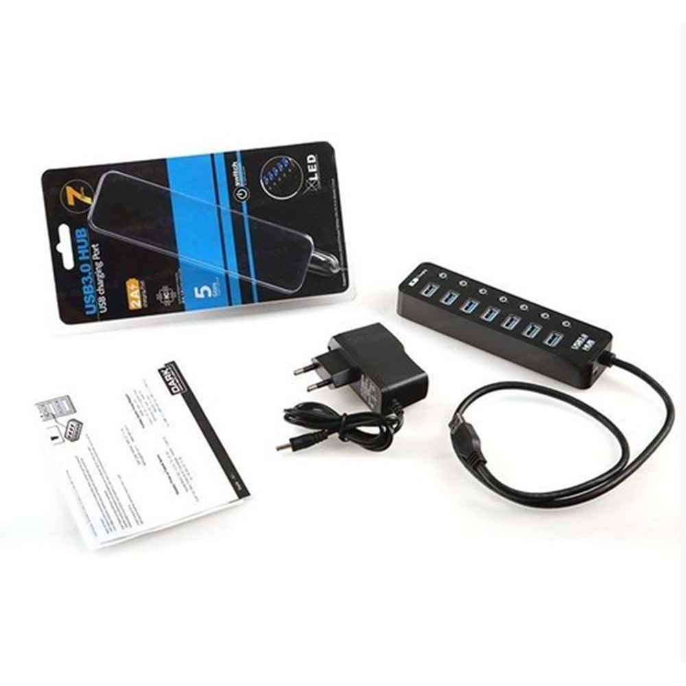 Dark Connect Master 7 Port USB 3.0 + 1 port 2A USB Hızlı Şarj Çıkışlı Adaptörlü USB Hub (DK-AC-USB371)
