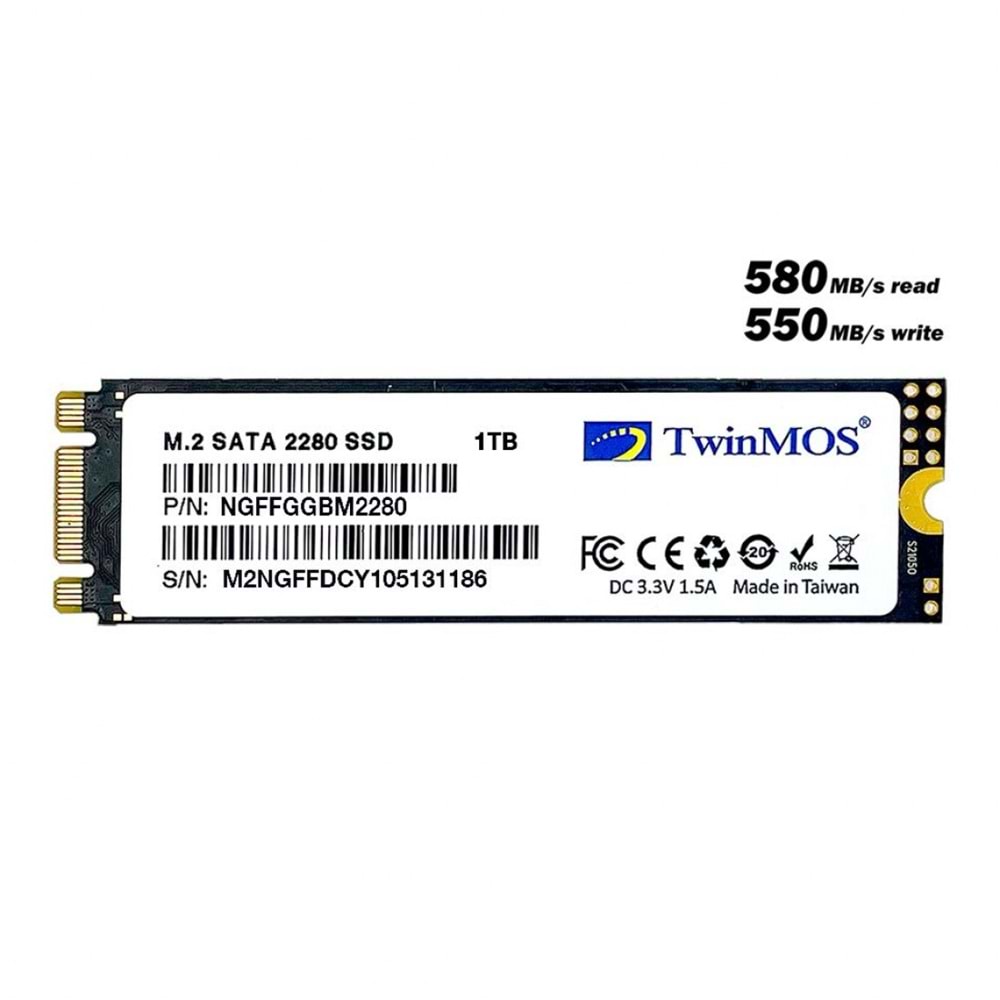 Twinmos 1TB M.2 Disk 2280 SATA3 SSD Disk 580Mb-550Mbs 3D NAND NGFFGGBM2280