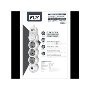 FLY 3393-01 3 Soket 2 USB Akım Korumalı Priz 2.1A Anahtarlı 2Mt Kablo (Beyaz)