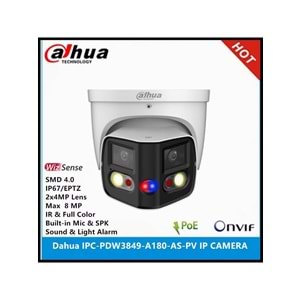 Dahua IPC-PDW3849-A180-AS-PV 2X4MP 2.8mm Lens H265+ 25Mt Dahili Mikrofon TiOC Duo Süper Geniş Açı