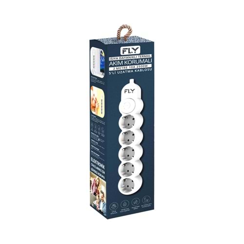 FLY 3394-01 5 Soket Akım Korumalı Priz 2.1A Anahtarlı 2Mt Kablo (Beyaz)