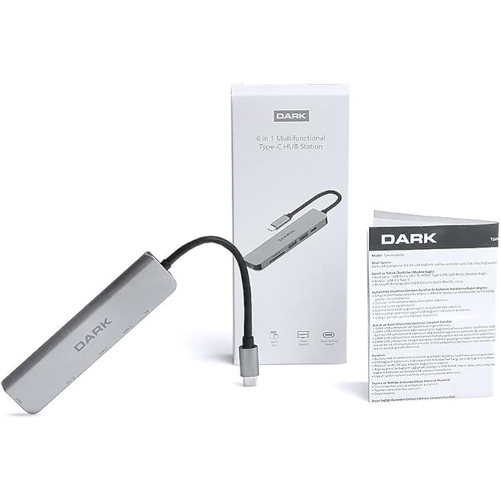 Dark USB 3.1 Type-C 9in1 Ethernet/HDMI/TF SD Kart Okuyucu/USB 3.0/Kulaklık Çoklayıcı Dönüştürücü Çevirici HUB (DK-AC-U31X36)