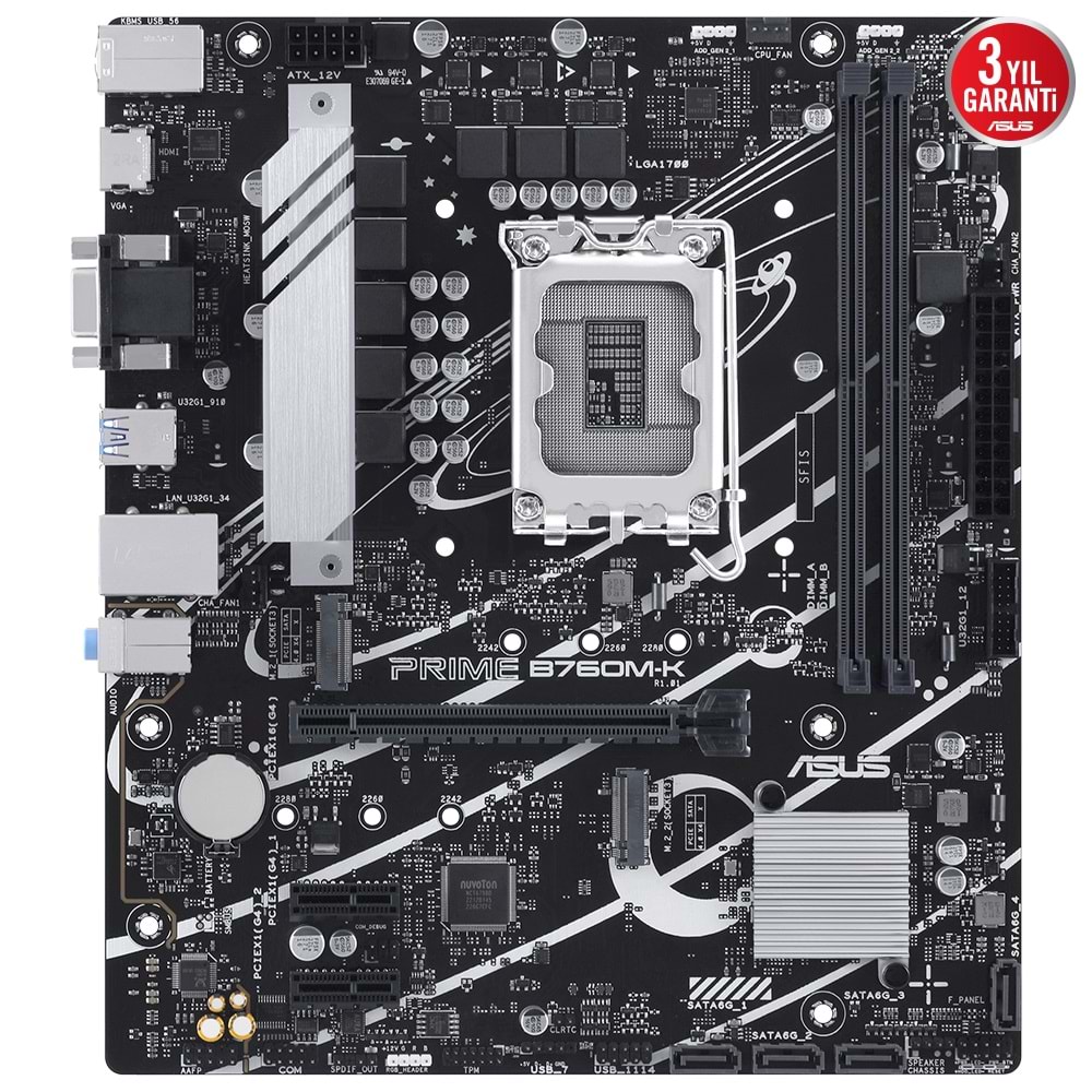 Asus Prime B760M-K DDR5 8000MHz 1XVGA 1XHDMI 2XM.2 USB 3.2 MATX 1700P Anakart (12. ve 13. Nesil işlemci uyumlu)