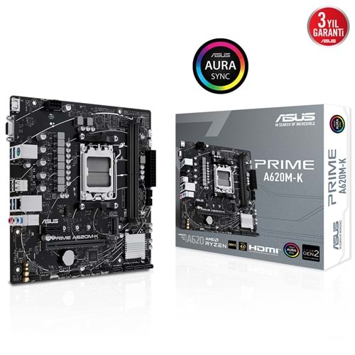 Asus Prime A620M-K AMD A620 DDR5 6400 USB3.2 M2 HDMI/VGA PCI 3.0 AM5 Anakart