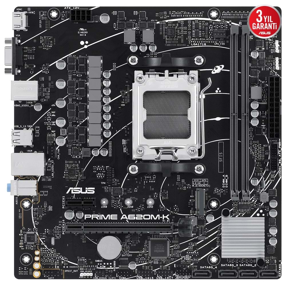 Asus Prime A620M-K AMD A620 DDR5 6400 USB3.2 M2 HDMI/VGA PCI 3.0 AM5 Anakart