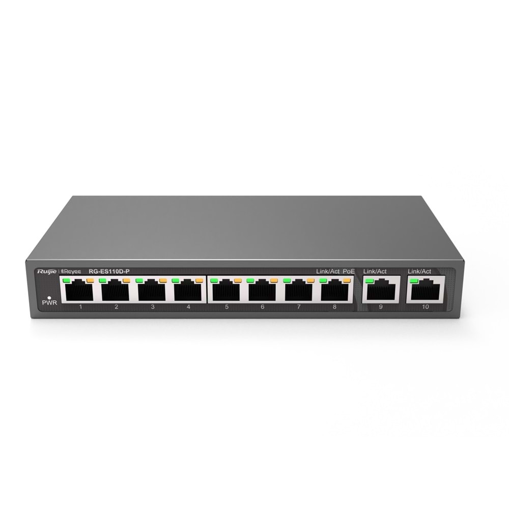 Ruijie RG-ES110D-P 8 Port 10/100 + 2X Gigabit RJ45 Uplink Metal Kasa 110W Poe Switch