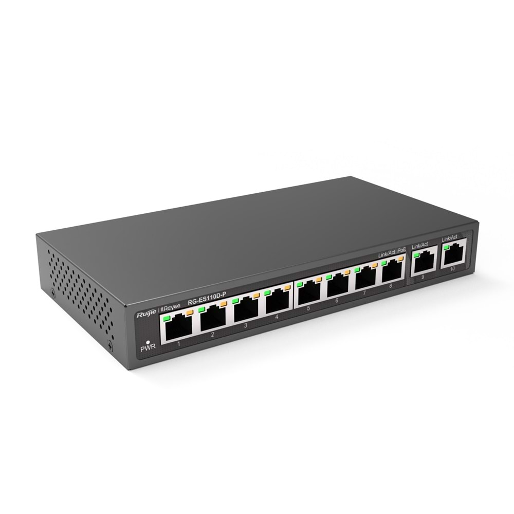 Ruijie RG-ES110D-P 8 Port 10/100 + 2X Gigabit RJ45 Uplink Metal Kasa 110W Poe Switch