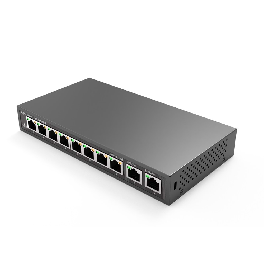 Ruijie RG-ES110D-P 8 Port 10/100 + 2X Gigabit RJ45 Uplink Metal Kasa 110W Poe Switch