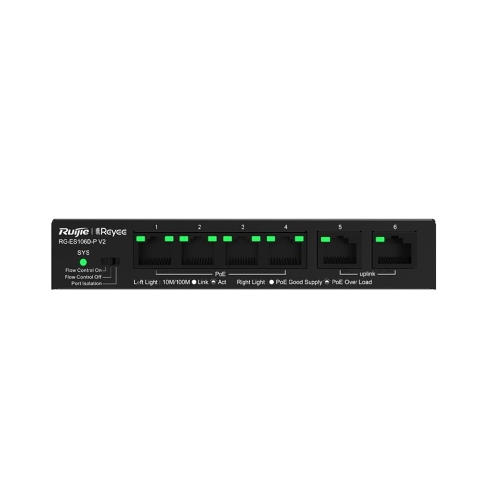 Ruijie RG-ES106D-P 4 Port 10/100 + 2X 10/100 Uplink 58W Poe Switch