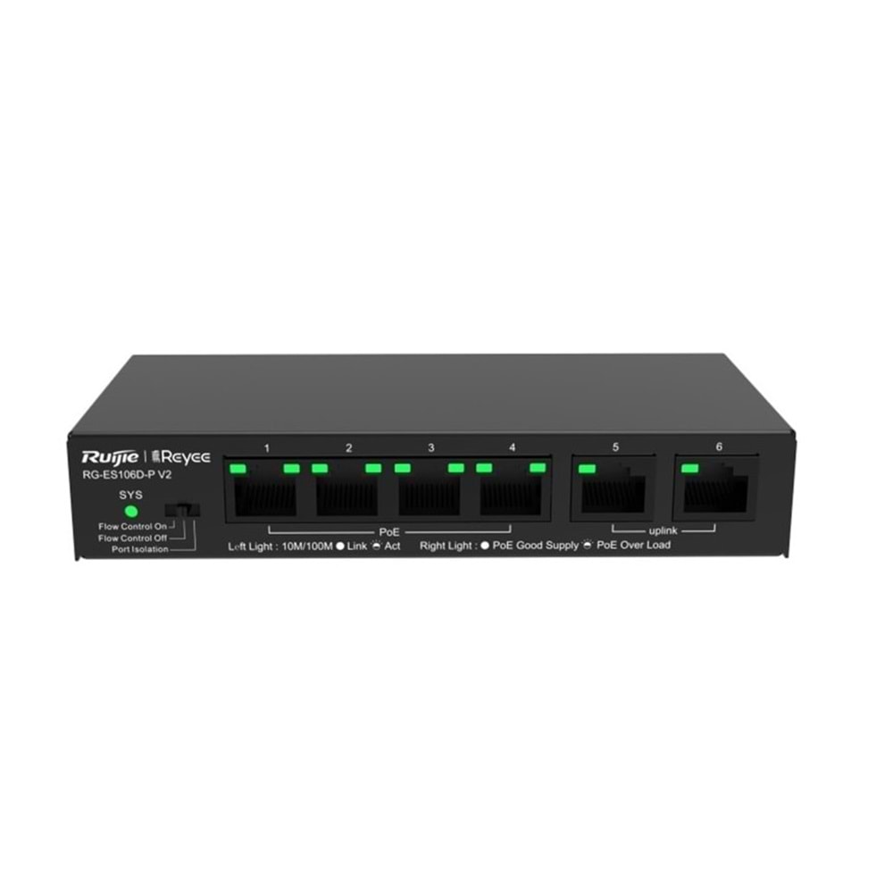 Ruijie RG-ES106D-P 4 Port 10/100 + 2X 10/100 Uplink 58W Poe Switch