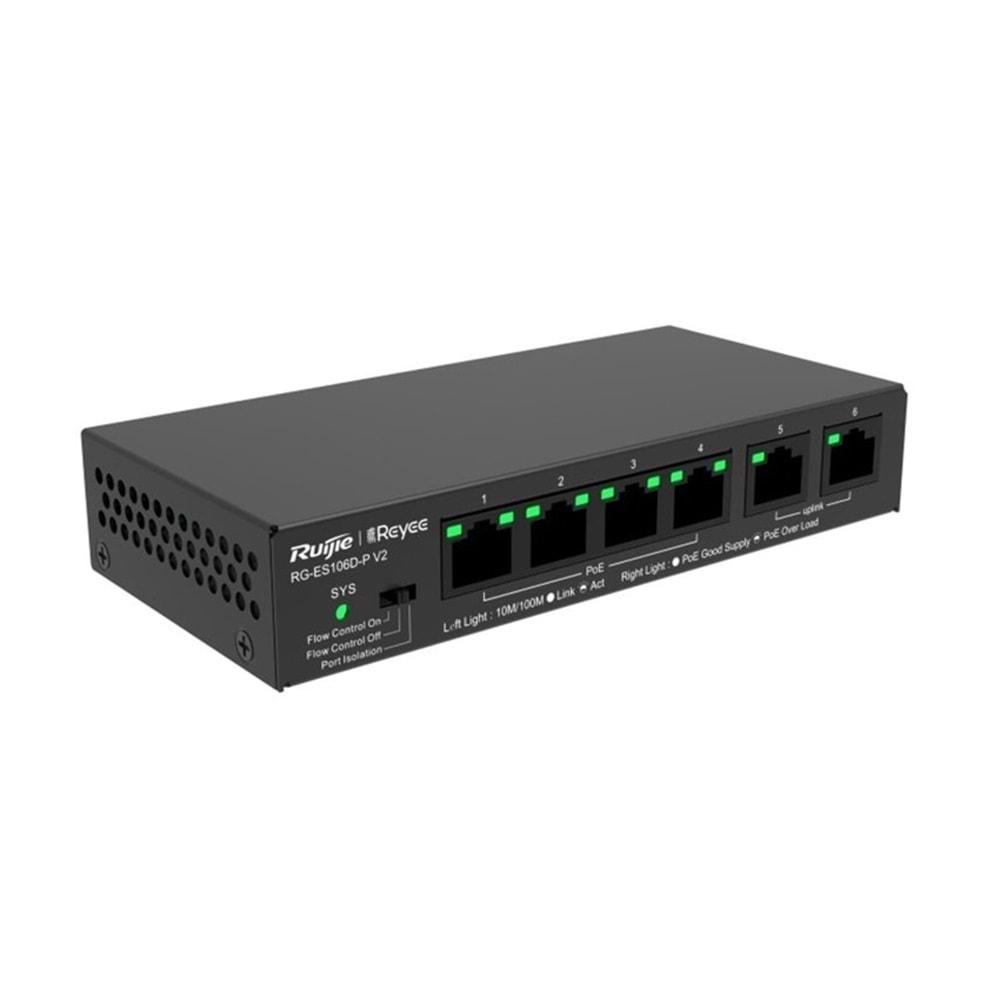 Ruijie RG-ES106D-P 4 Port 10/100 + 2X 10/100 Uplink 58W Poe Switch