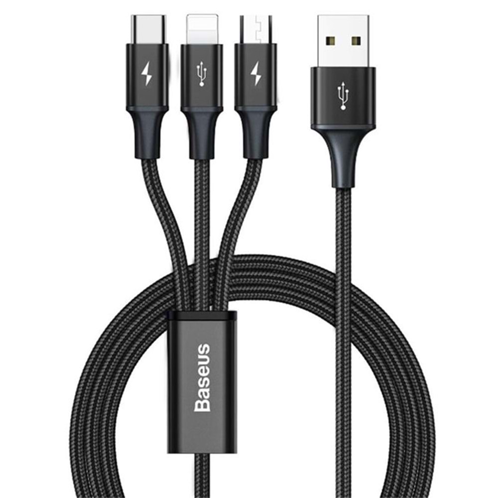 Baseus Rapid 3IN1 120 CM Şarj Kablosu Siyah Giriş:USB Çıkış:TYPE-C, Lightnight, MİCRO USB CAJS000001