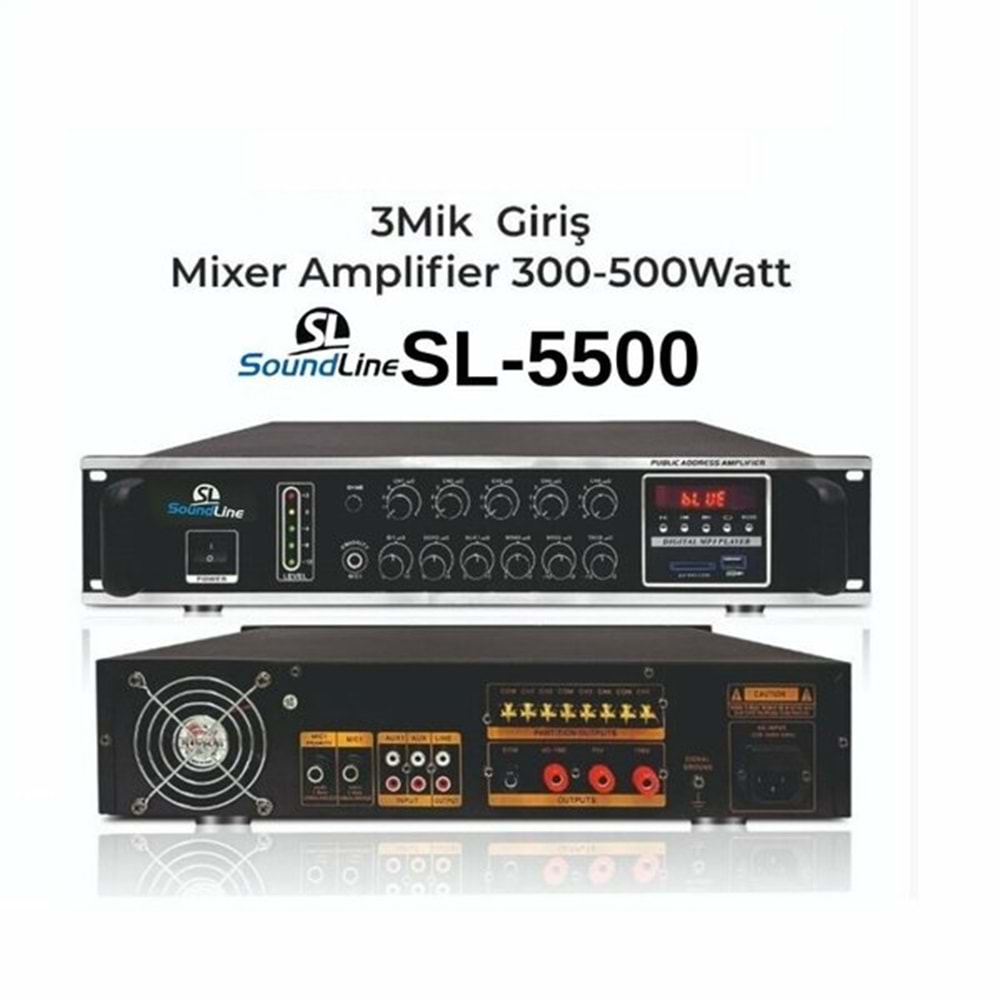 SoundLine SL-5500 500W 100V/70V 4-16Ohm Ses Kontrollü 2Mik/2Rca Usb/Sd/Blue