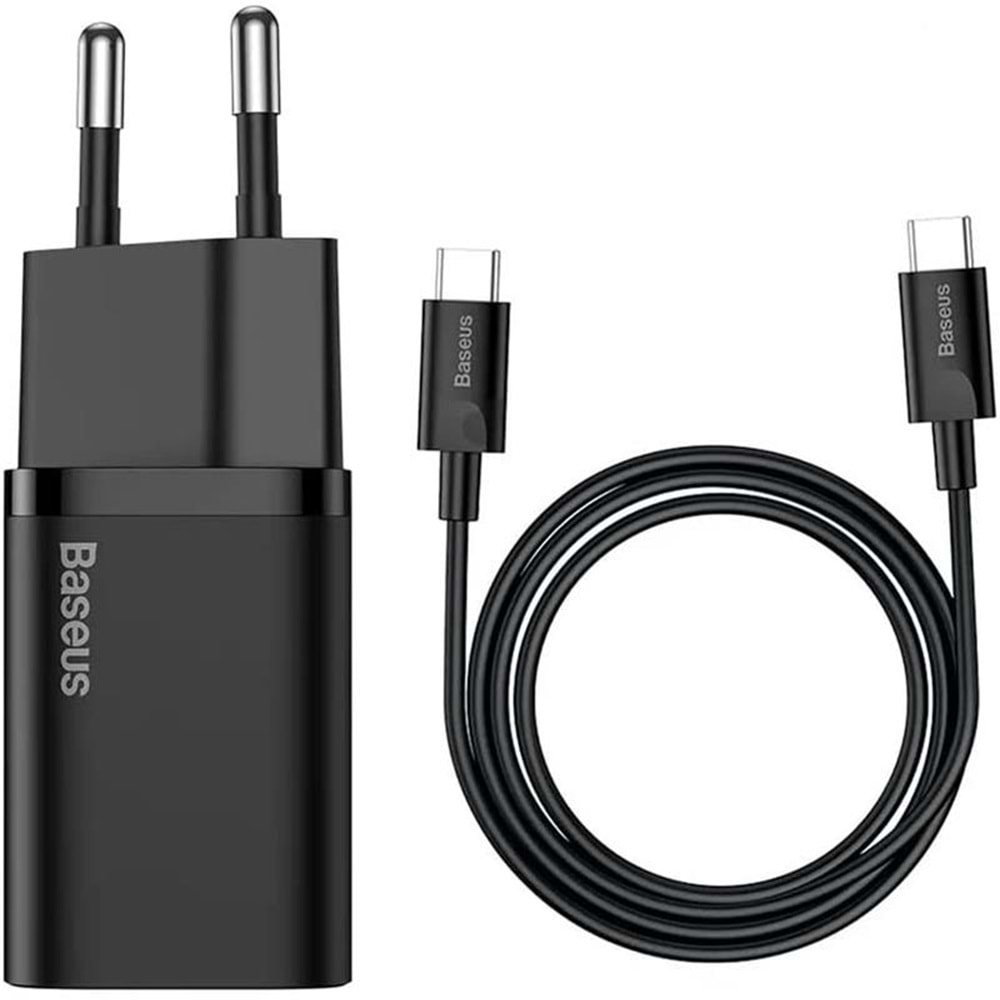 Baseus Super Si PD 25W Type-C to Type-C Kablo ve Duvar Şarjı Siyah TZCCSUP-L01