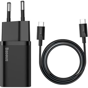 Baseus Super Si PD 25W Type-C to Type-C Kablo ve Duvar Şarjı Siyah TZCCSUP-L01
