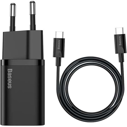 Baseus Super Si PD 25W Type-C to Type-C Kablo ve Duvar Şarjı Siyah TZCCSUP-L01