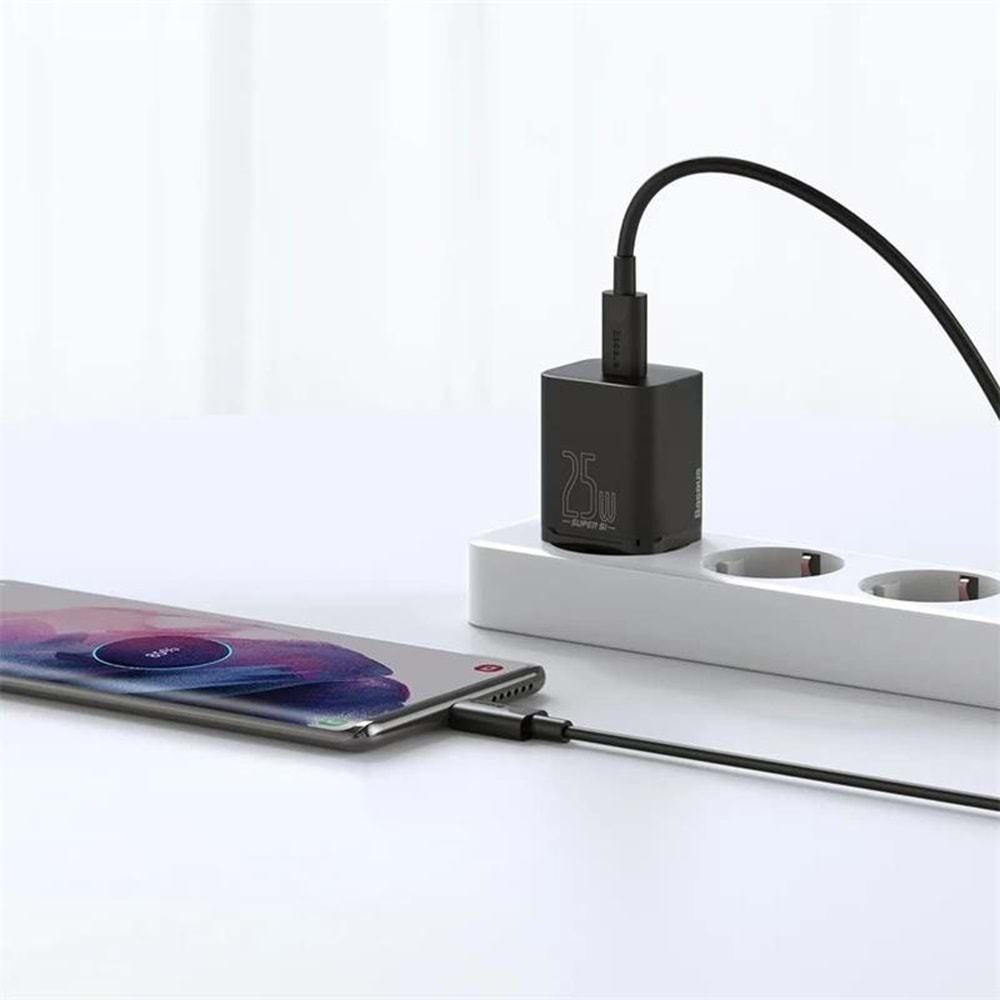 Baseus Super Si PD 25W Type-C to Type-C Kablo ve Duvar Şarjı Siyah TZCCSUP-L01