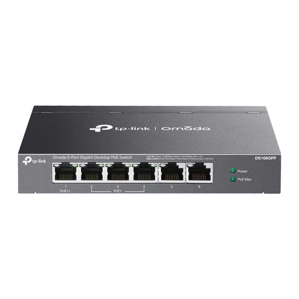 Omada DS106GPP 4 Port Gigabit + 2 Port Gigabit Uplink 64W 250 Metre PoE Mesafe Metal Kasa Switch