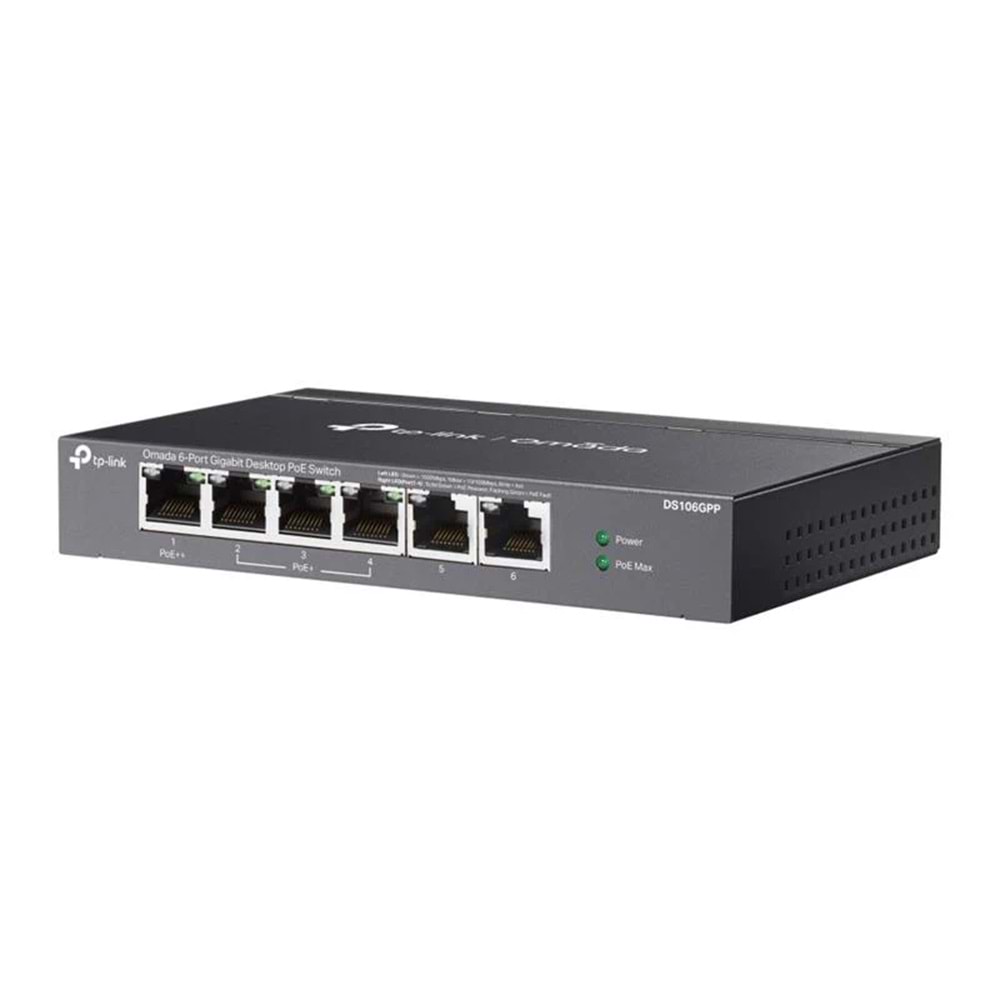 Omada DS106GPP 4 Port Gigabit + 2 Port Gigabit Uplink 64W 250 Metre PoE Mesafe Metal Kasa Switch