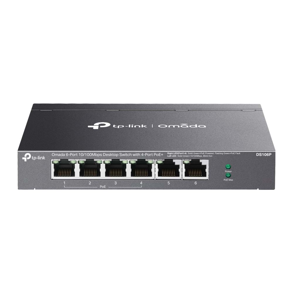 Omada DS106P 4 Port 10/100 + 2 Port 10/100 Uplink 67W 250 Metre PoE Mesafe Metal Kasa Switch