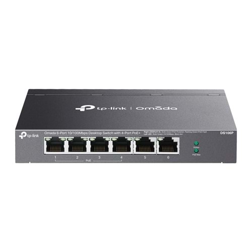 Omada DS106P 4 Port 10/100 + 2 Port 10/100 Uplink 67W 250 Metre PoE Mesafe Metal Kasa Switch