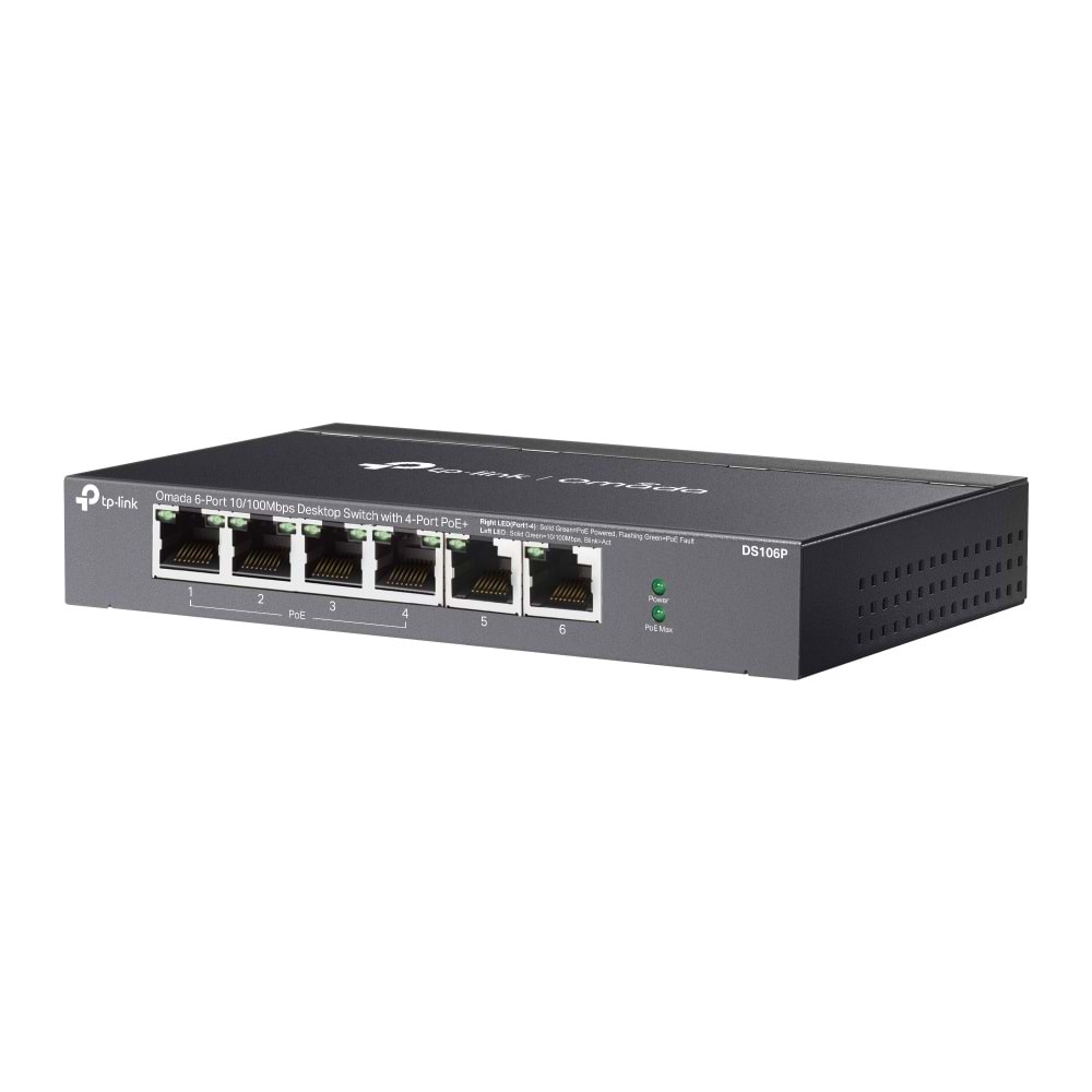 Omada DS106P 4 Port 10/100 + 2 Port 10/100 Uplink 67W 250 Metre PoE Mesafe Metal Kasa Switch