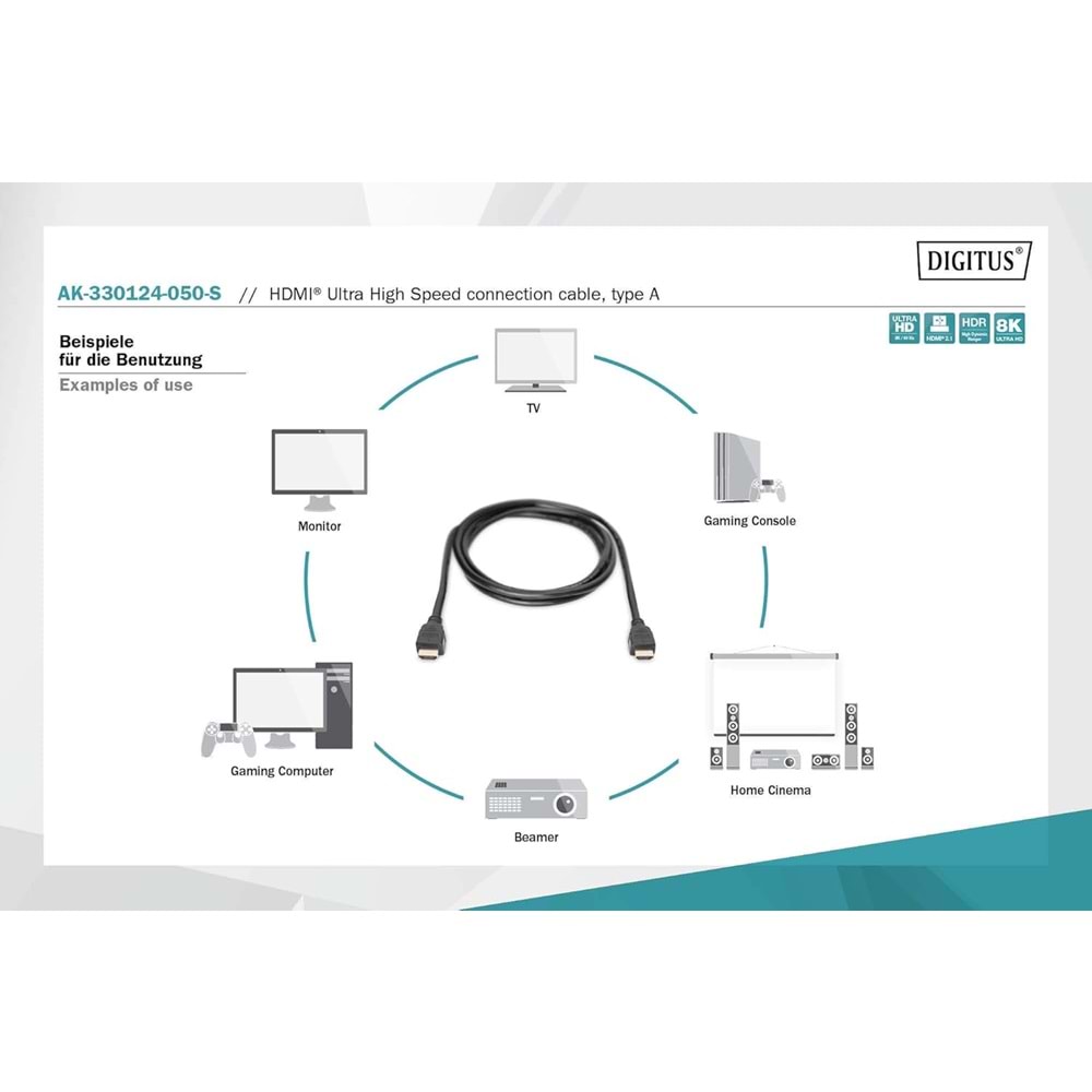 Digitus HDMI Kablo Altın Uçlu Siyah (5m) 4K
