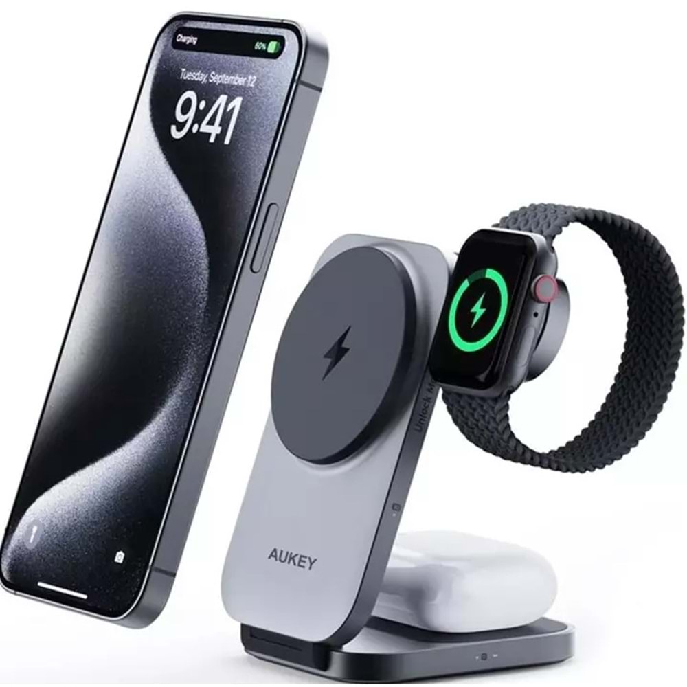 Aukey LC-MC312-GY MagFusion Z Qi2 15W Katlanabilir 3 ü 1 Arada Mıknatıslı Kablos