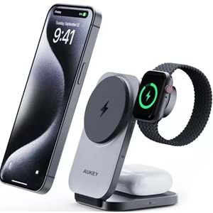 Aukey LC-MC312-GY MagFusion Z Qi2 15W Katlanabilir 3 ü 1 Arada Mıknatıslı Kablos