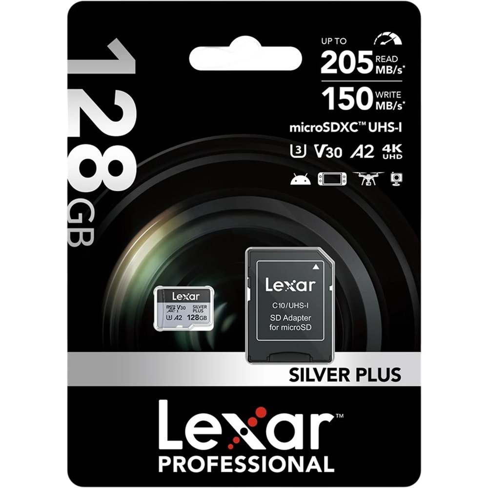Lexar 128GB Yüksek Perfomans Silver Plus MICROSDXC UHS-I UP TO 205MB/S READ 150MB/S WRITE C10 A2 V30