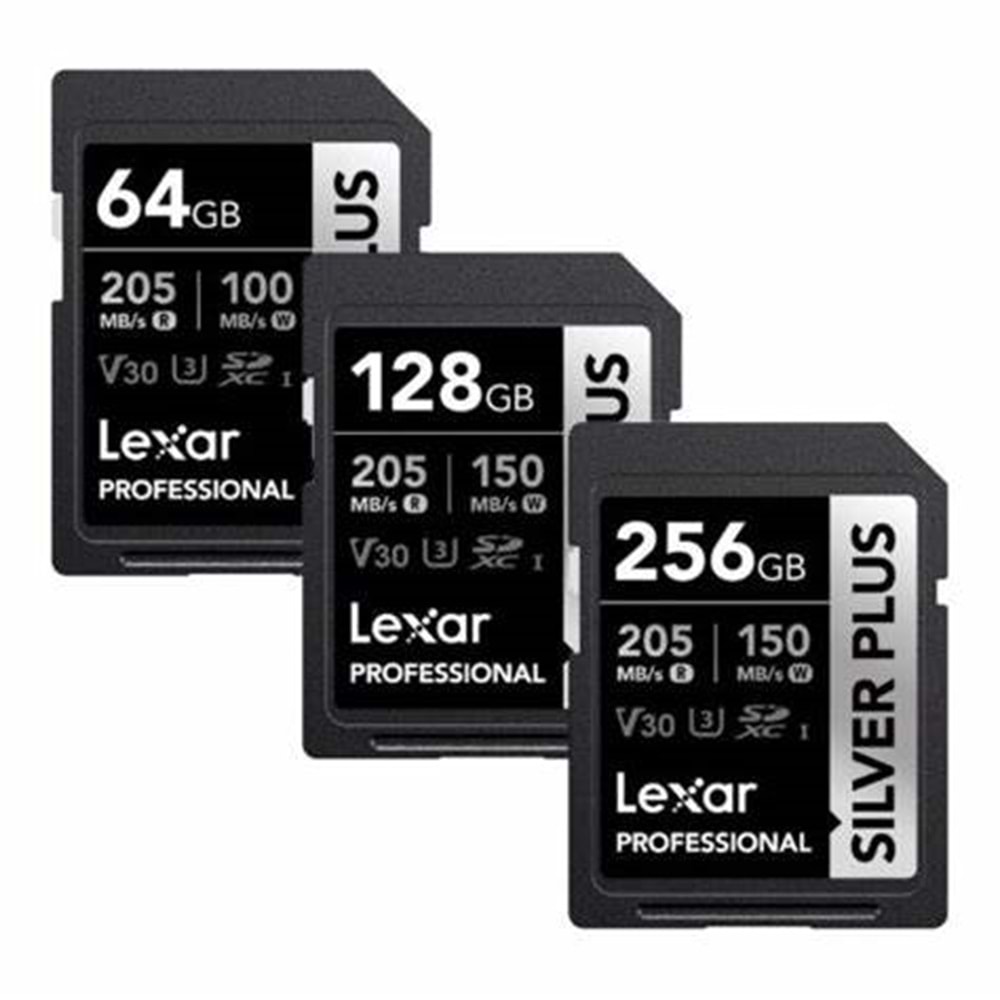 Lexar 256GB Profesyonel Silver Plus SDXC UHS-I CARDS UP TO 205MB/S READ 150MB/S WRITE C10 V30 U3
