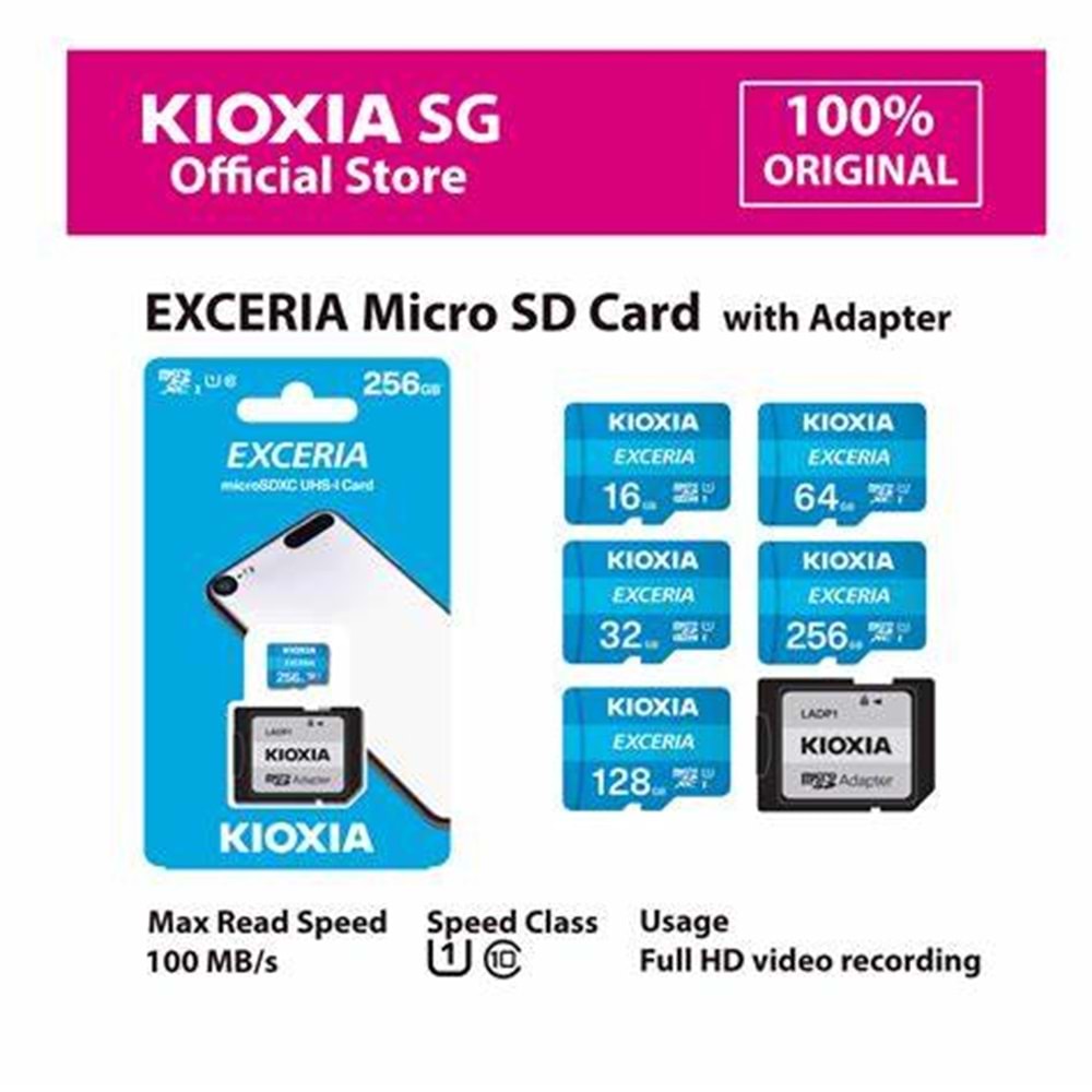 Kioxia 256GB EXCERIA MicroSD C10 U3 UHS1 R100 Hafıza kartı