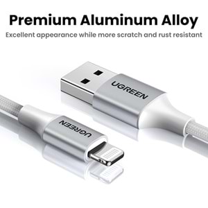 UGreen Lightnig TO USB-A 2 Metre Örgülü MFI Sertifikalı Iphone Hızlı Şarj Kablosu Gümüş