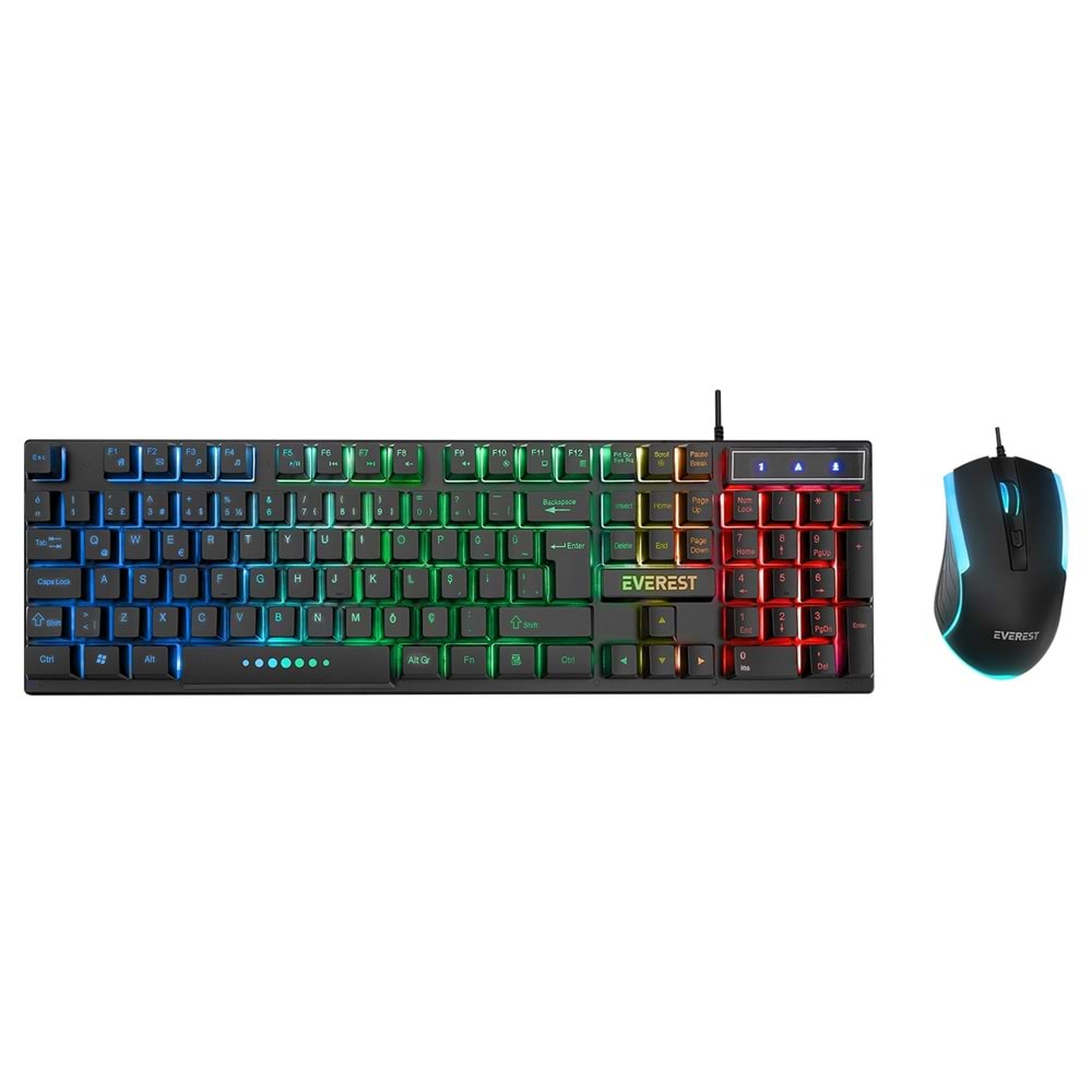 Everest KM-198 Luminax Q Gökkuşağı Aydınlatmalı Gaming Klavye + Mouse Set Siyah
