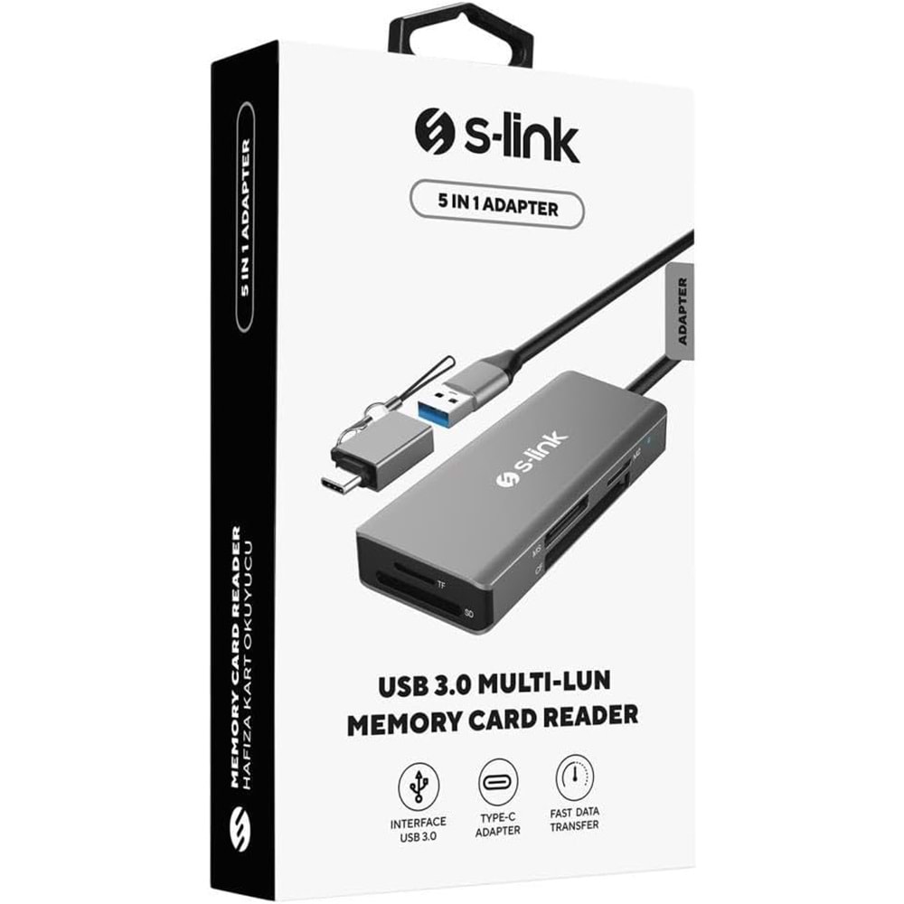 S-link SL-CR51 TypeC ve USB3.0 CF, SD, M2, Micro SD, MS 5 in 1 Metal Kart Okuyuc