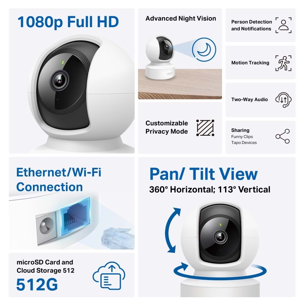 Tp-Link Tapo C202 FHD Wi-Fi Güvenlik Kamerası ( Pan / Tilt )(Çift Yön Ses)(Eth)